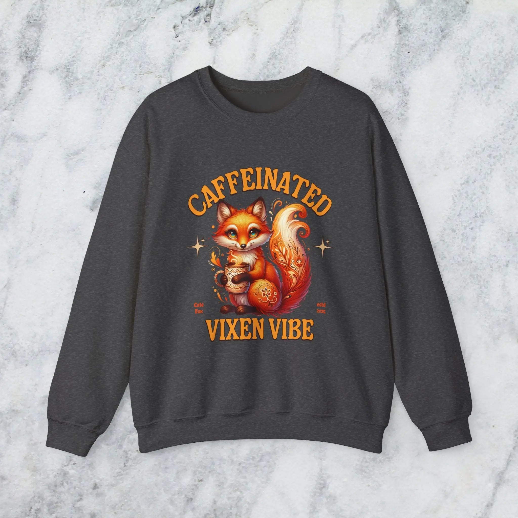 Caffeinated Vixen Vibe Sweatshirt, Cozy Unisex Crewneck for Coffee Lovers, Gift for Birthdays, Fall Fashion, Cute Animal Sweater Printify