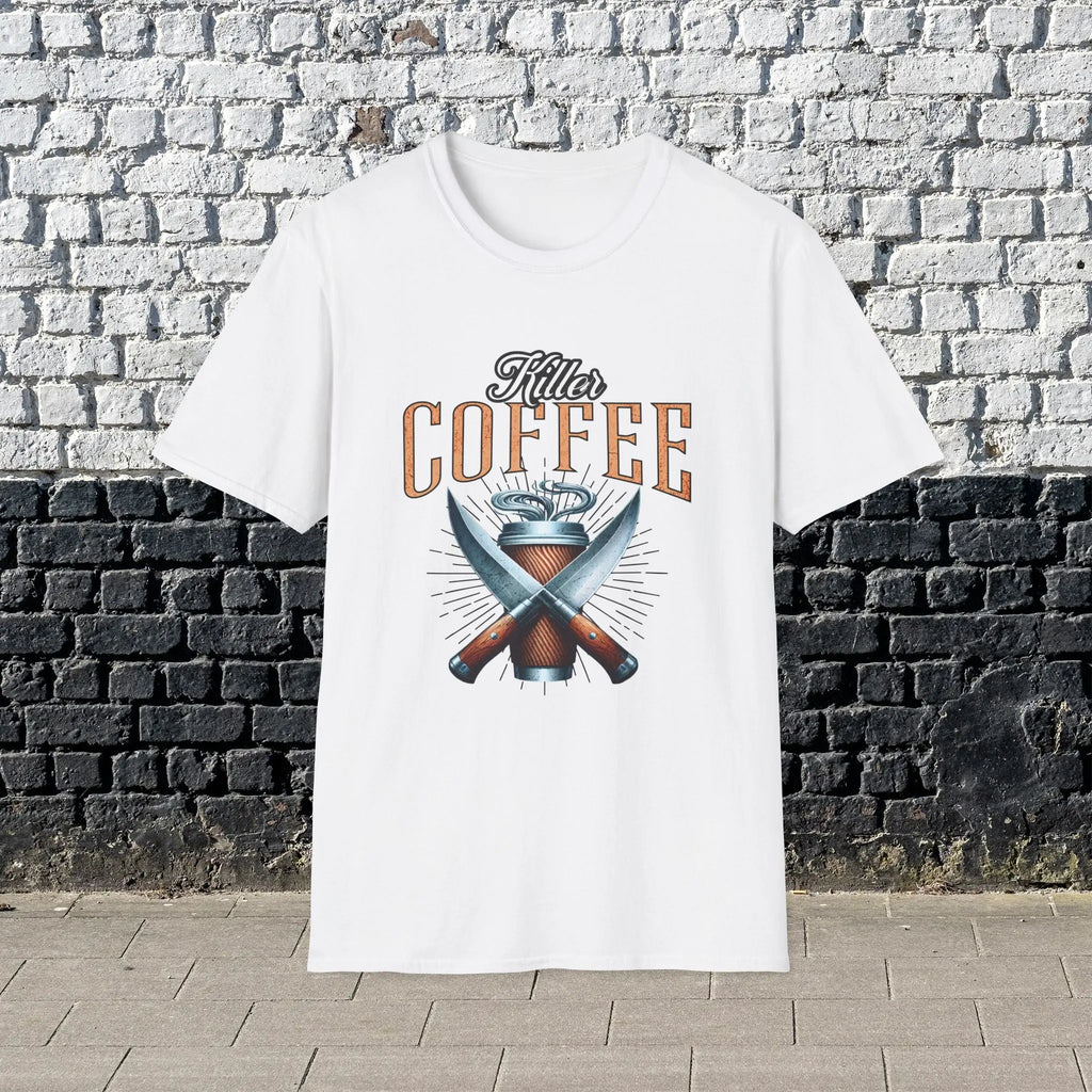 Killer Coffee T-Shirt — Crossed Knives & To-Go Cup Graphic Printify