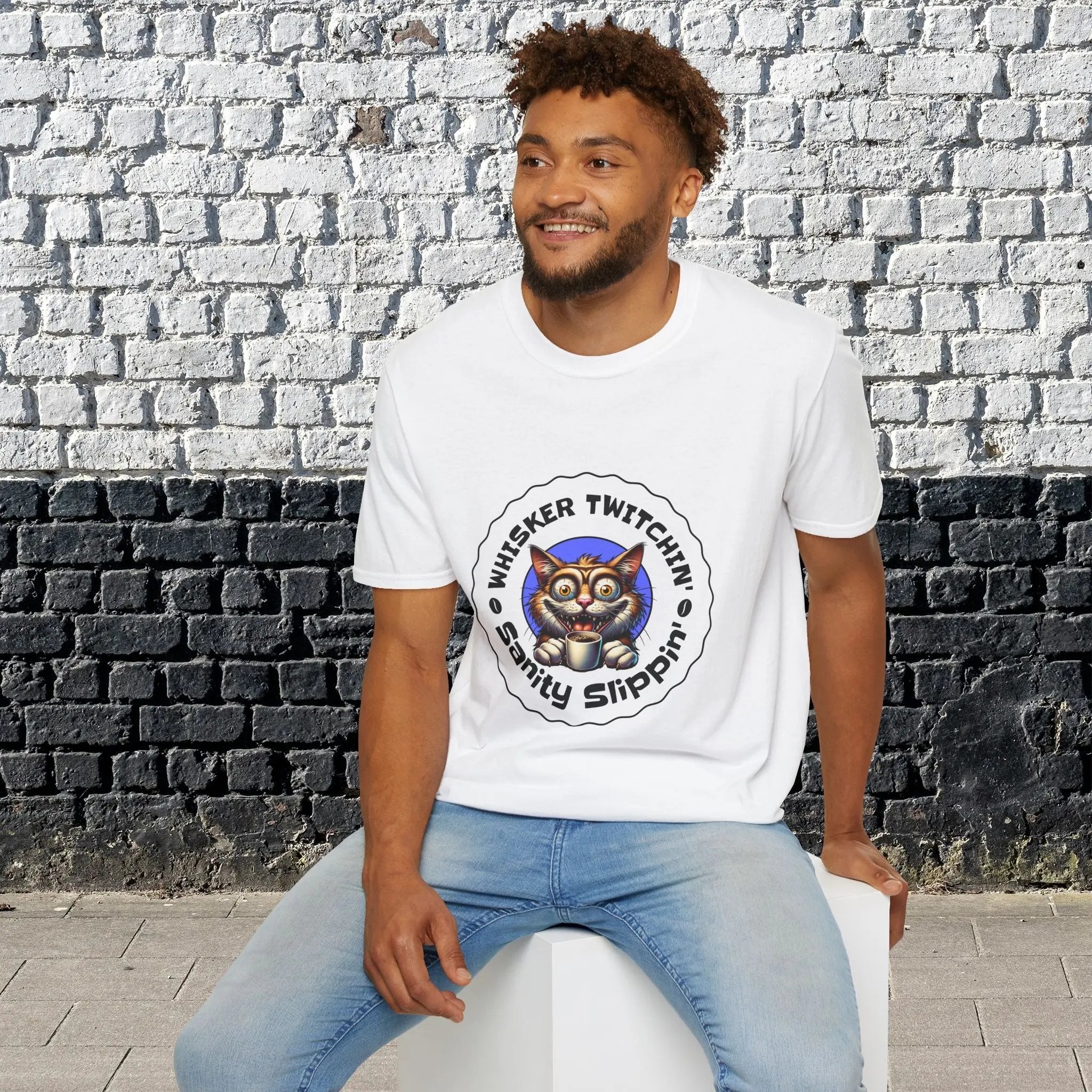 Whisker Twitchin’ Sanity Slippin’ T-Shirt – Funny Crazy Cat Coffee Lover Tee for Men and Women, Caffeine Addict Humor Gift Shirt Printify