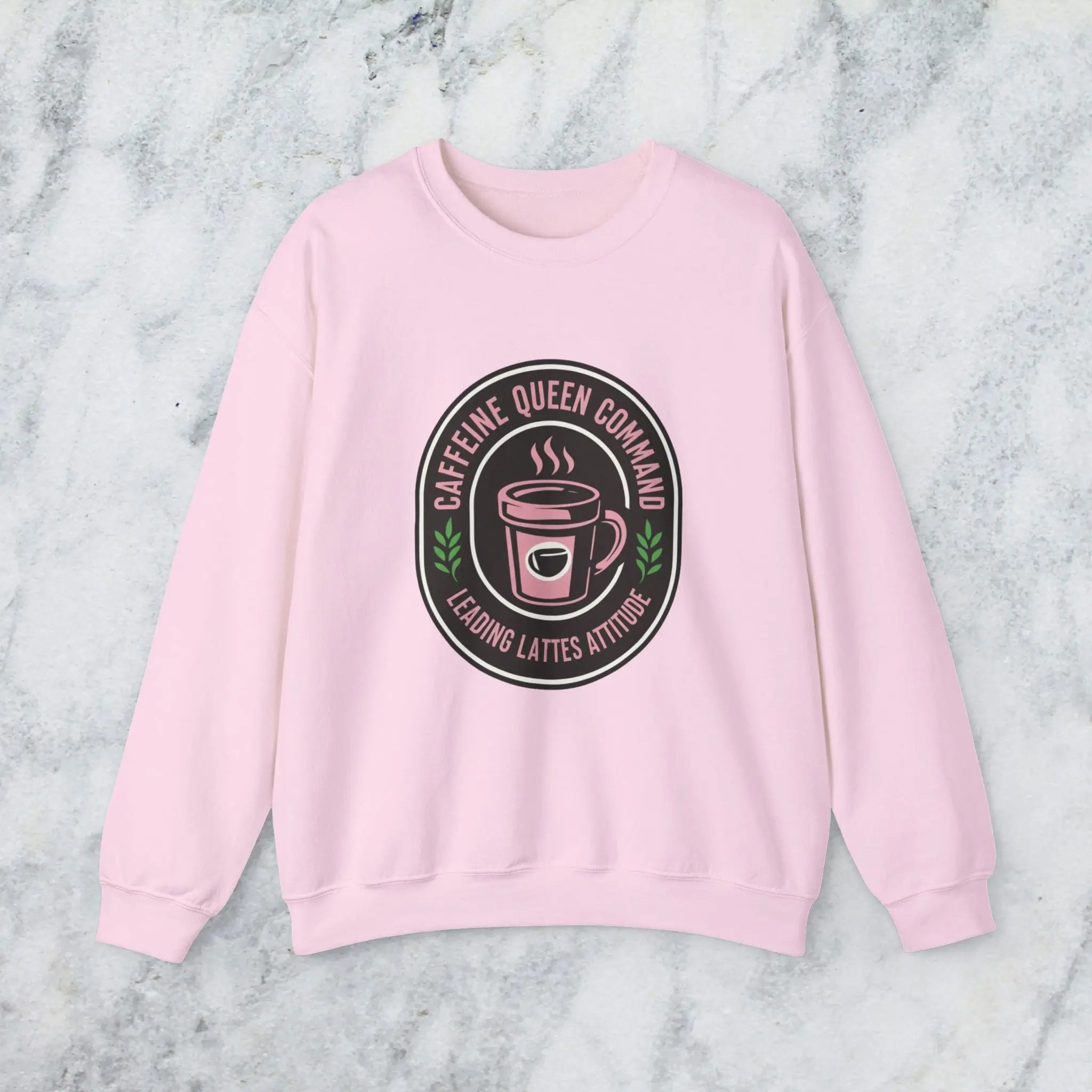 Coffee Crewneck Sweatshirt — "Caffeine Queen Command" Latte Lovers Pullover Printify