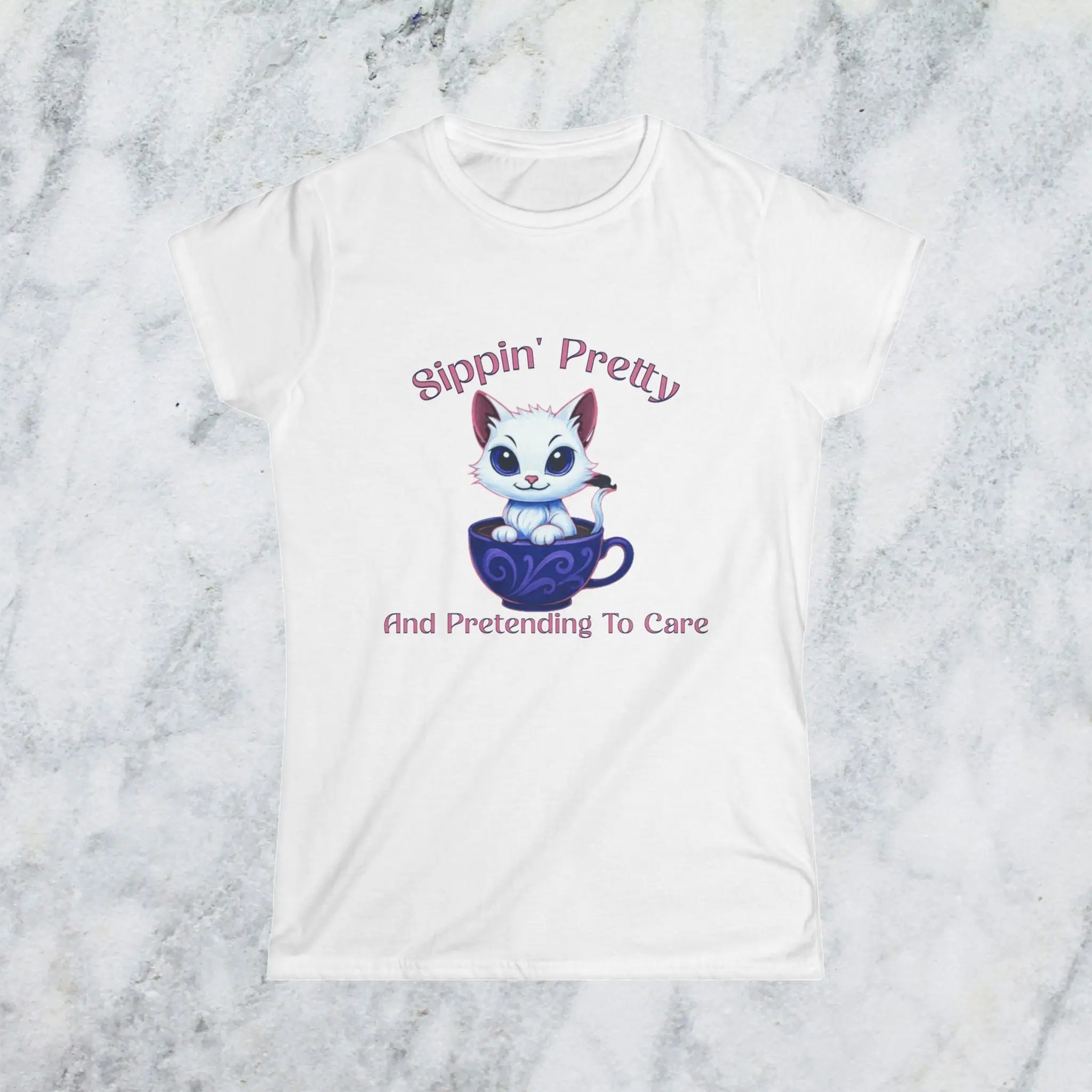 Sippin’ Pretty T-Shirt – and Pretending to Care, Funny Cat Coffee Lover Tee for Women, Sassy Caffeine Queen Gift, Sarcastic Morning Shirt Printify