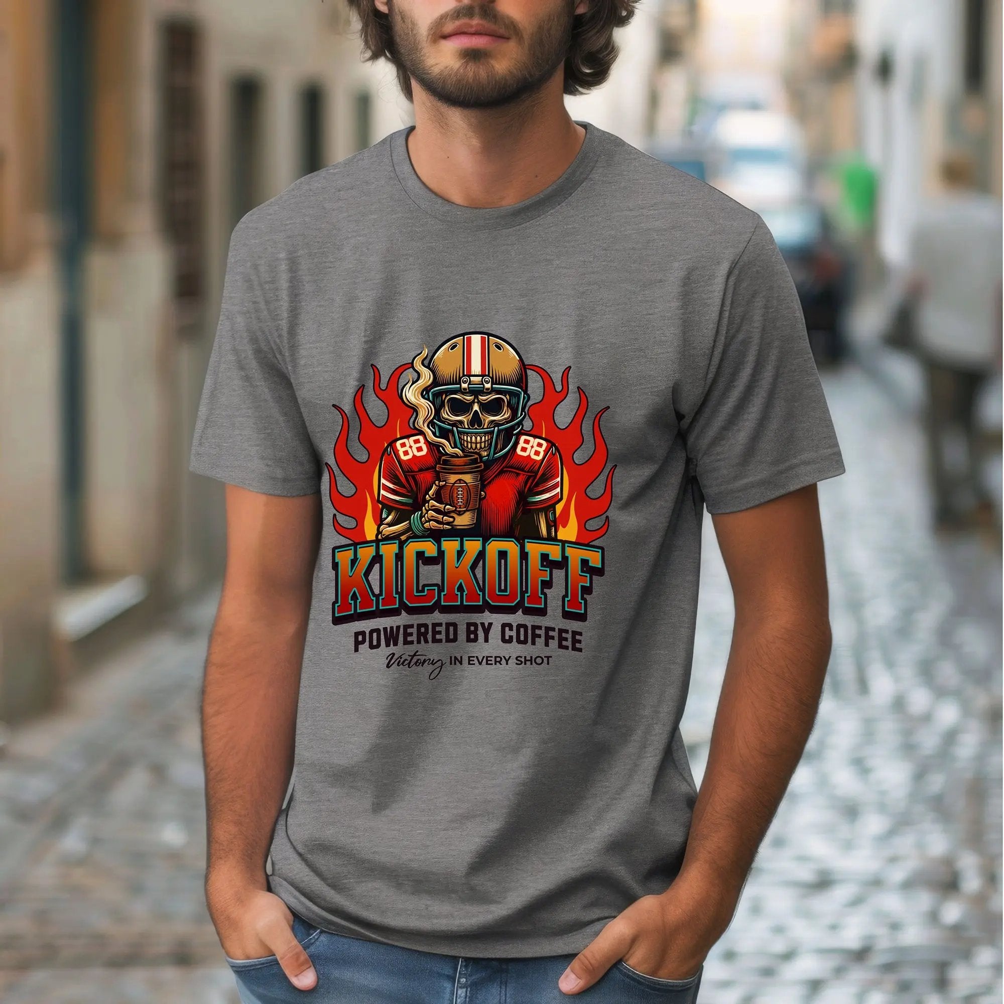 Kickoff Powered by Coffee T-Shirt Printify