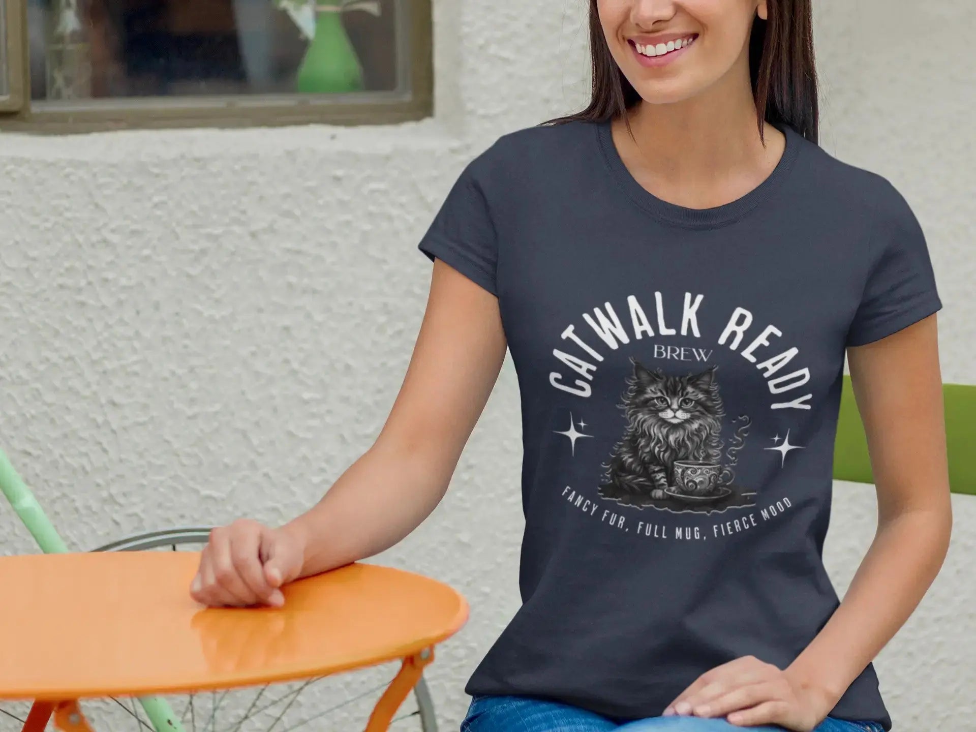 Catwalk Ready Shirt -  Fancy Fur, Full Mug, Fierce Mood Classy Coffee Cat Tee Printify
