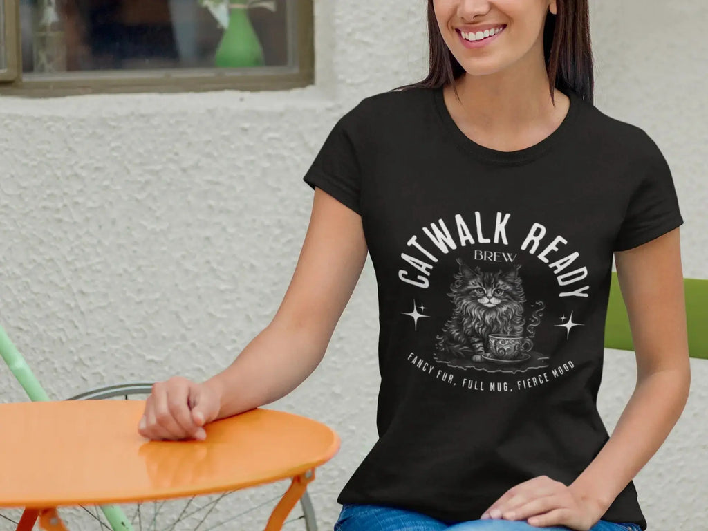 Catwalk Ready Shirt -  Fancy Fur, Full Mug, Fierce Mood Classy Coffee Cat Tee Printify