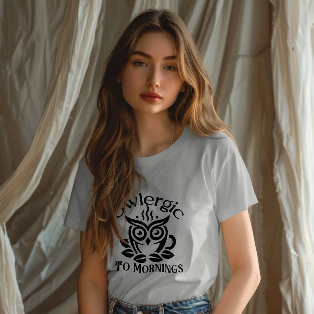 Owlergic to Mornings T-Shirt – Funny Owl Coffee Cup Graphic Tee Printify