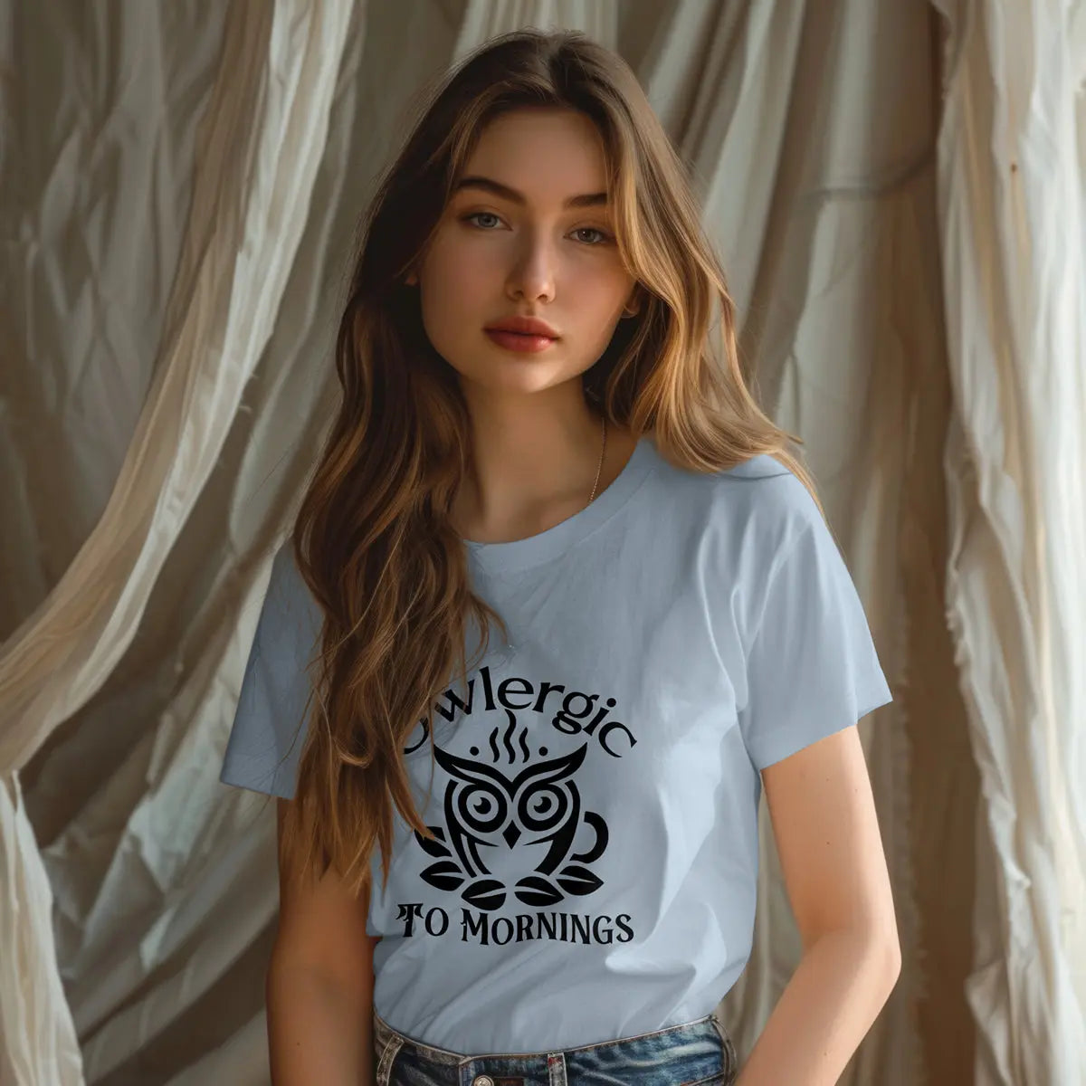 Owlergic to Mornings T-Shirt – Funny Owl Coffee Cup Graphic Tee Printify