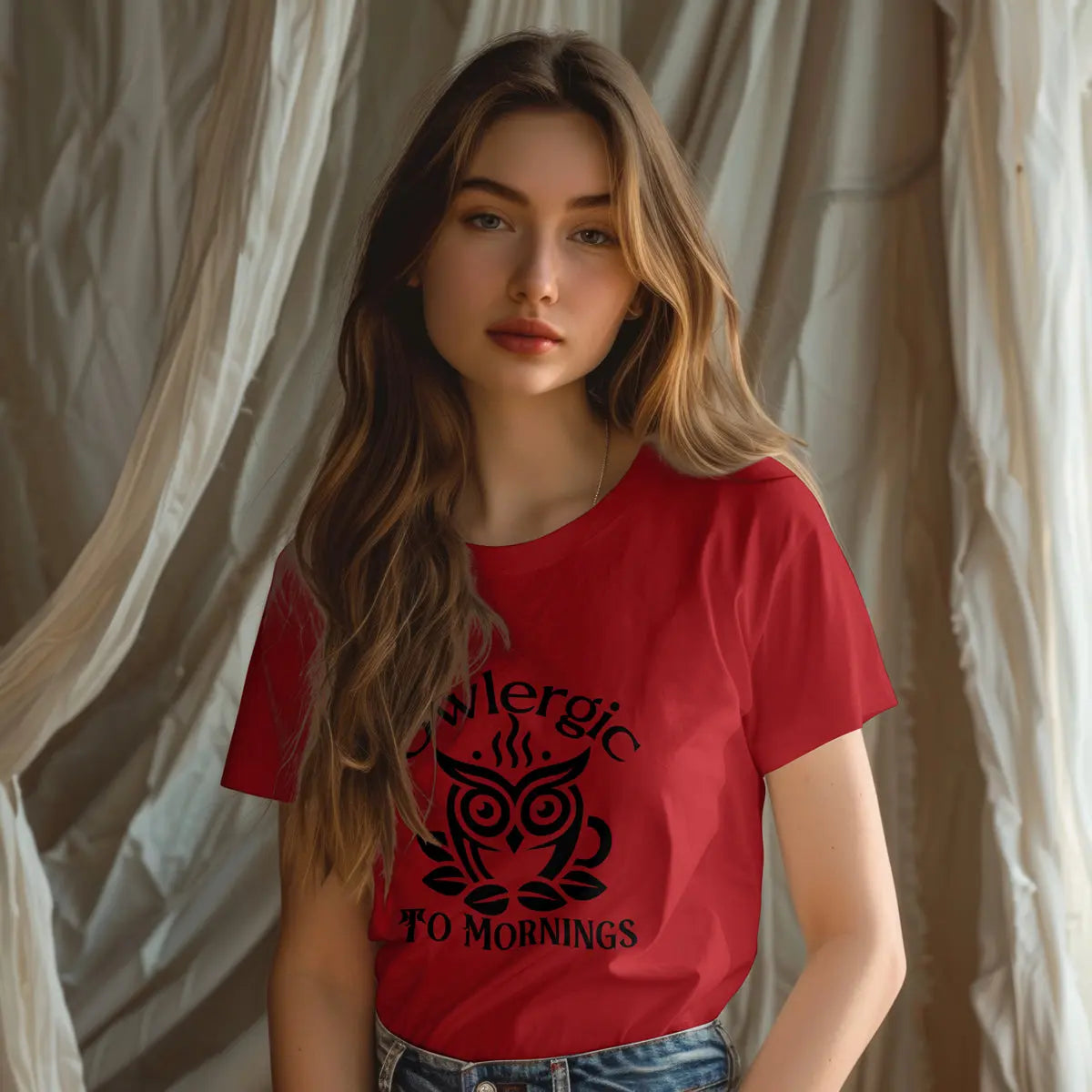 Owlergic to Mornings T-Shirt – Funny Owl Coffee Cup Graphic Tee Printify