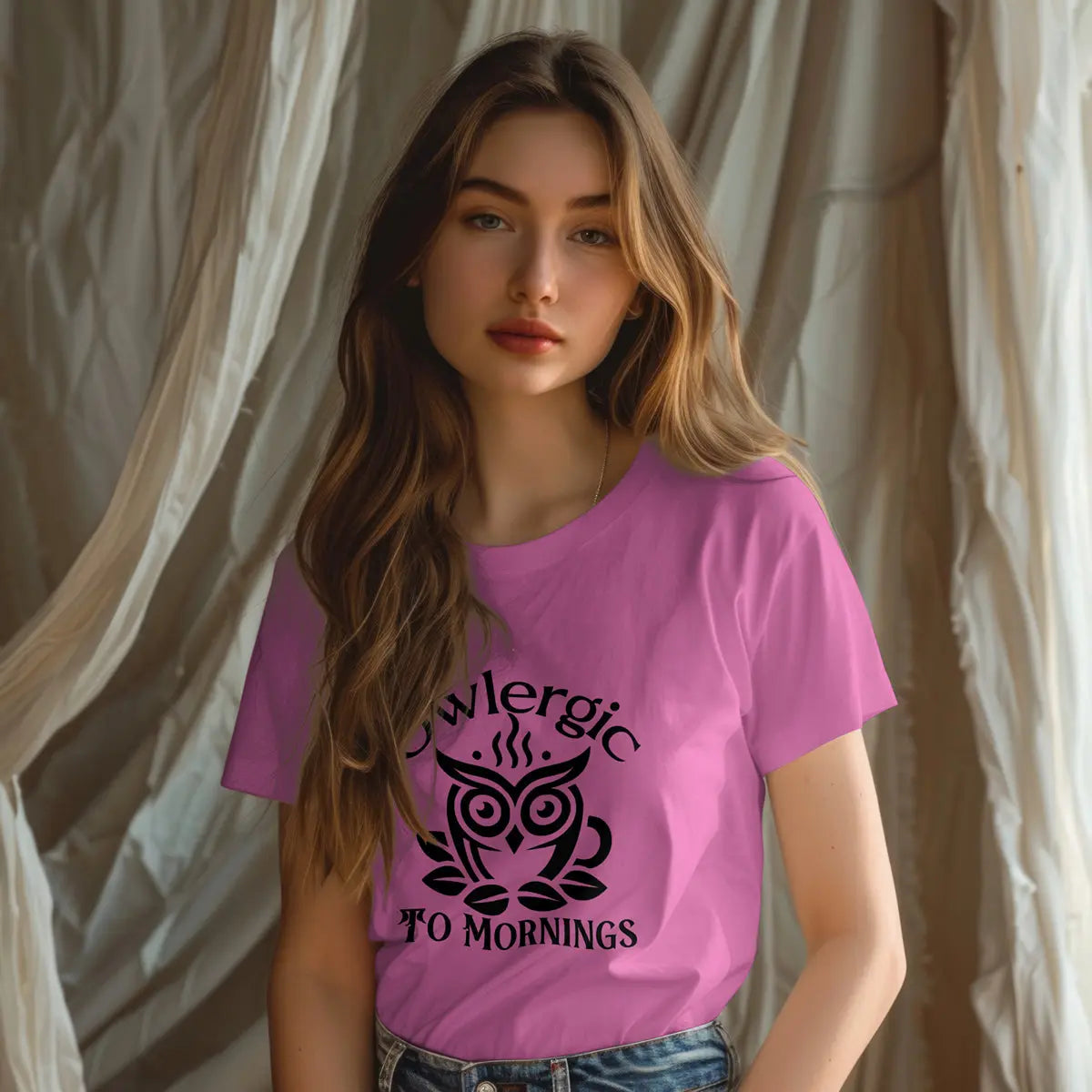 Owlergic to Mornings T-Shirt – Funny Owl Coffee Cup Graphic Tee Printify