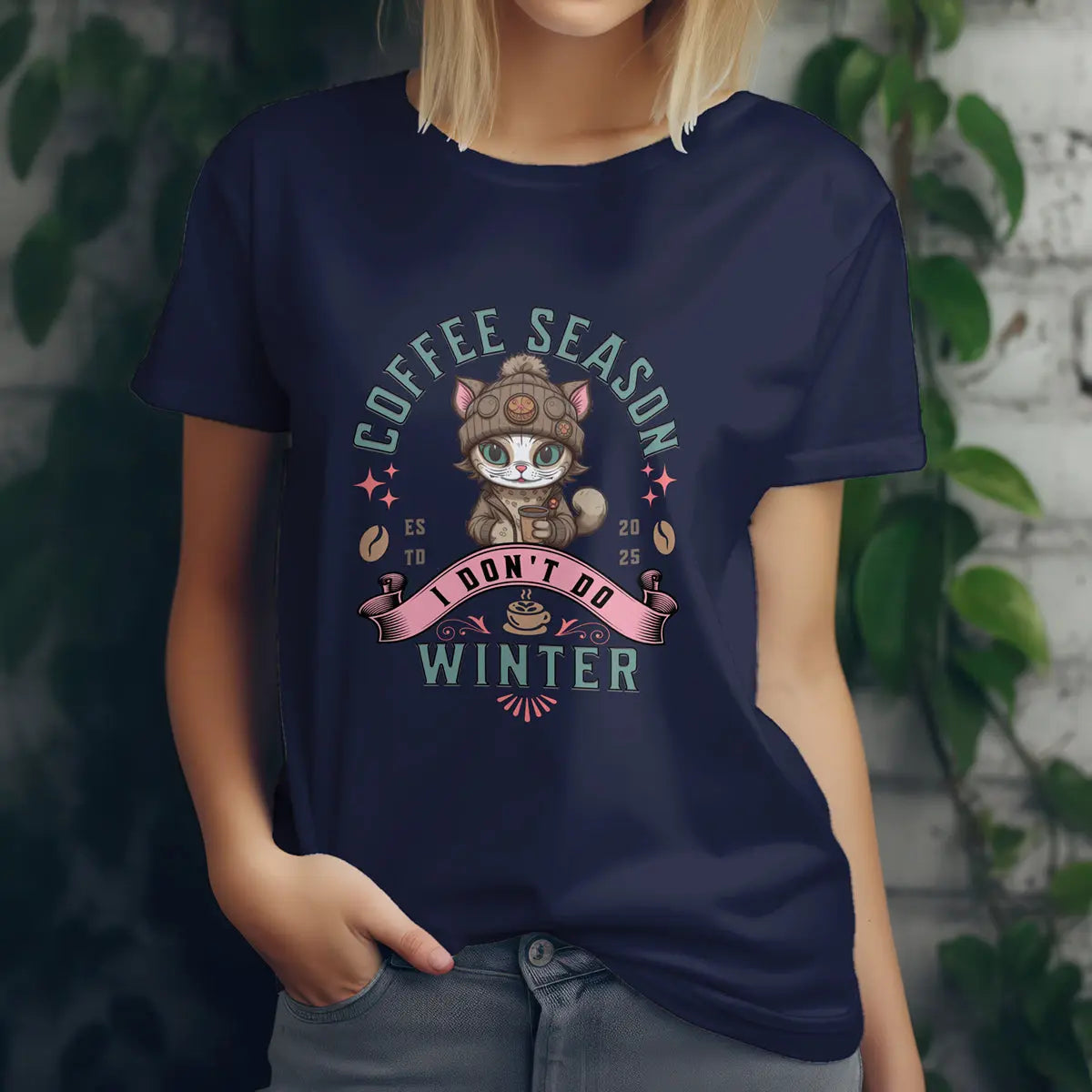 Coffee Season I Don’t Do Winter T-Shirt – Cute Funny Cat Coffee Lover Tee for Women, Cozy Winter Caffeine Gift, Lazy Morning Shirt Printify