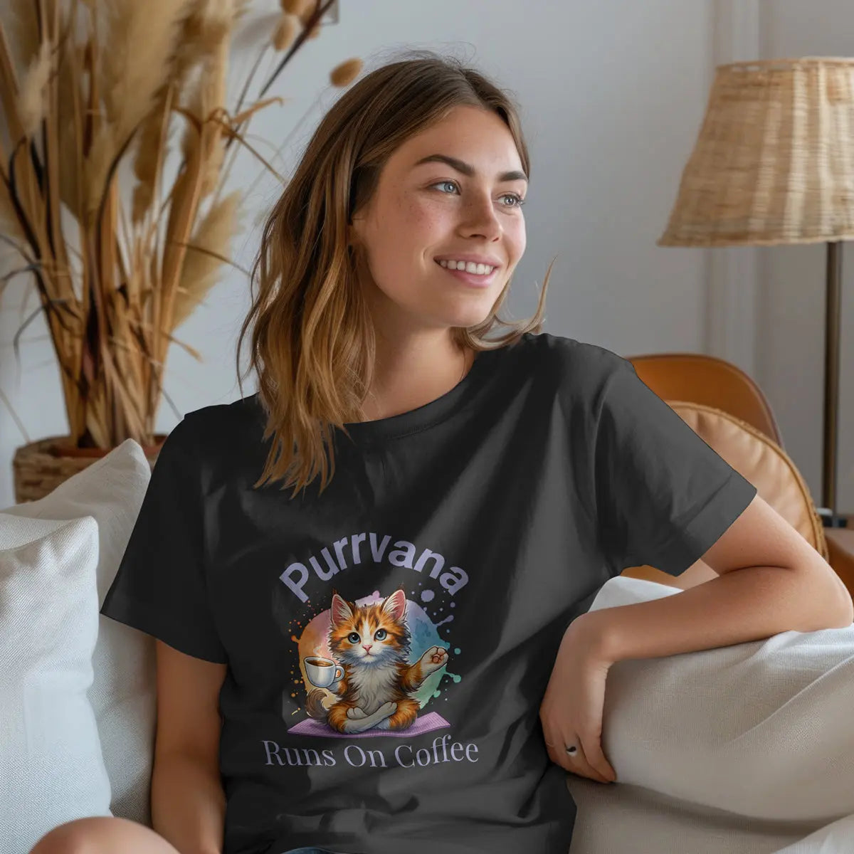 Purrvana Cat Yoga Coffee Shirt – Funny Cat Lover Gift for Coffee Addicts Printify