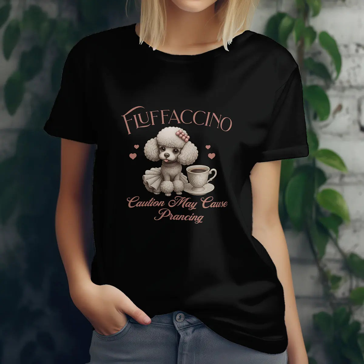 Fluffaccino T-Shirt – Caution May Cause Prancing - Cute Poodle Coffee Lover Tee for Women, Funny Dog Caffeine Shirt, Gift for Pet Moms Printify