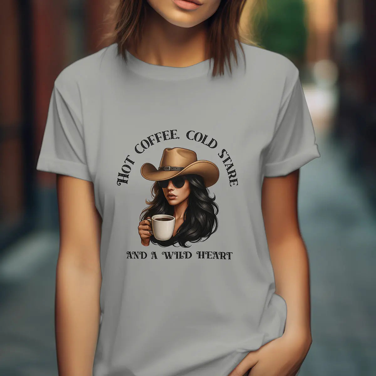 Hot Coffee Cold Stare and a Wild Heart Shirt – Western Cowgirl Coffee Lover Tee, Country Girl Graphic Shirt, Sassy Rodeo Gift Printify