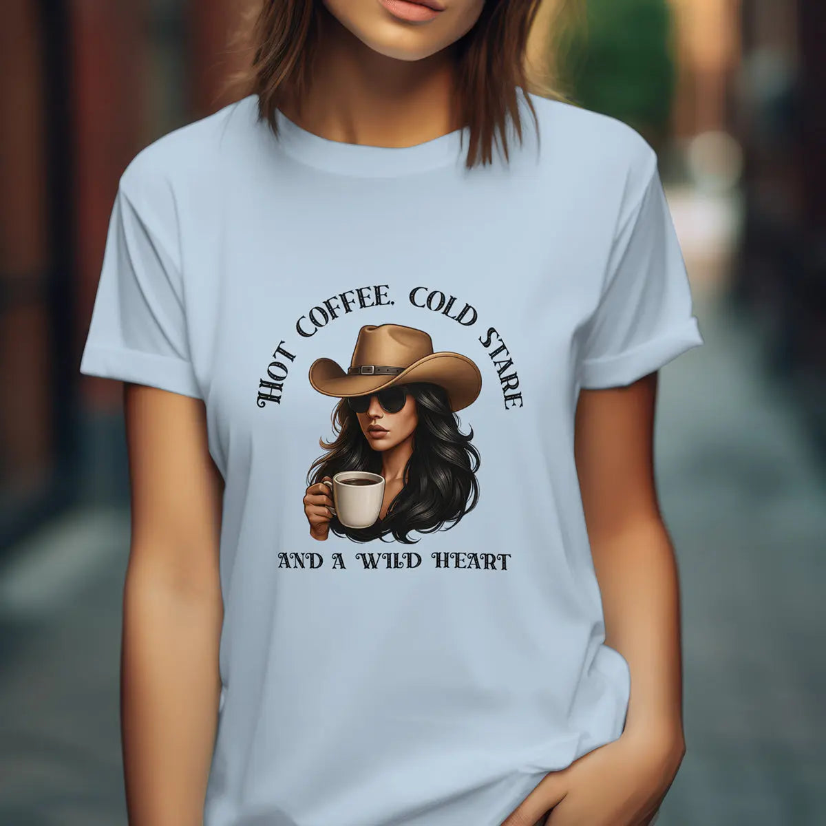 Hot Coffee Cold Stare and a Wild Heart Shirt – Western Cowgirl Coffee Lover Tee, Country Girl Graphic Shirt, Sassy Rodeo Gift Printify