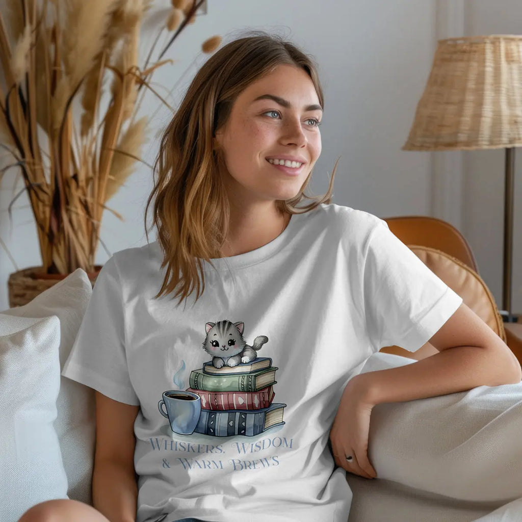 Whiskers Wisdom & Warm Brews Shirt – Cute Cat Coffee Lover Tee, Bookworm Cozy Reading T-Shirt, Cat Mom Gift for Caffeine Lovers Printify