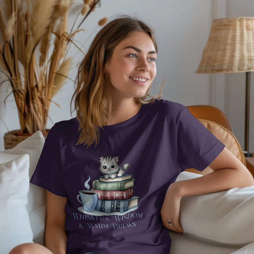 Whiskers Wisdom & Warm Brews Shirt – Cute Cat Coffee Lover Tee, Bookworm Cozy Reading T-Shirt, Cat Mom Gift for Caffeine Lovers Printify