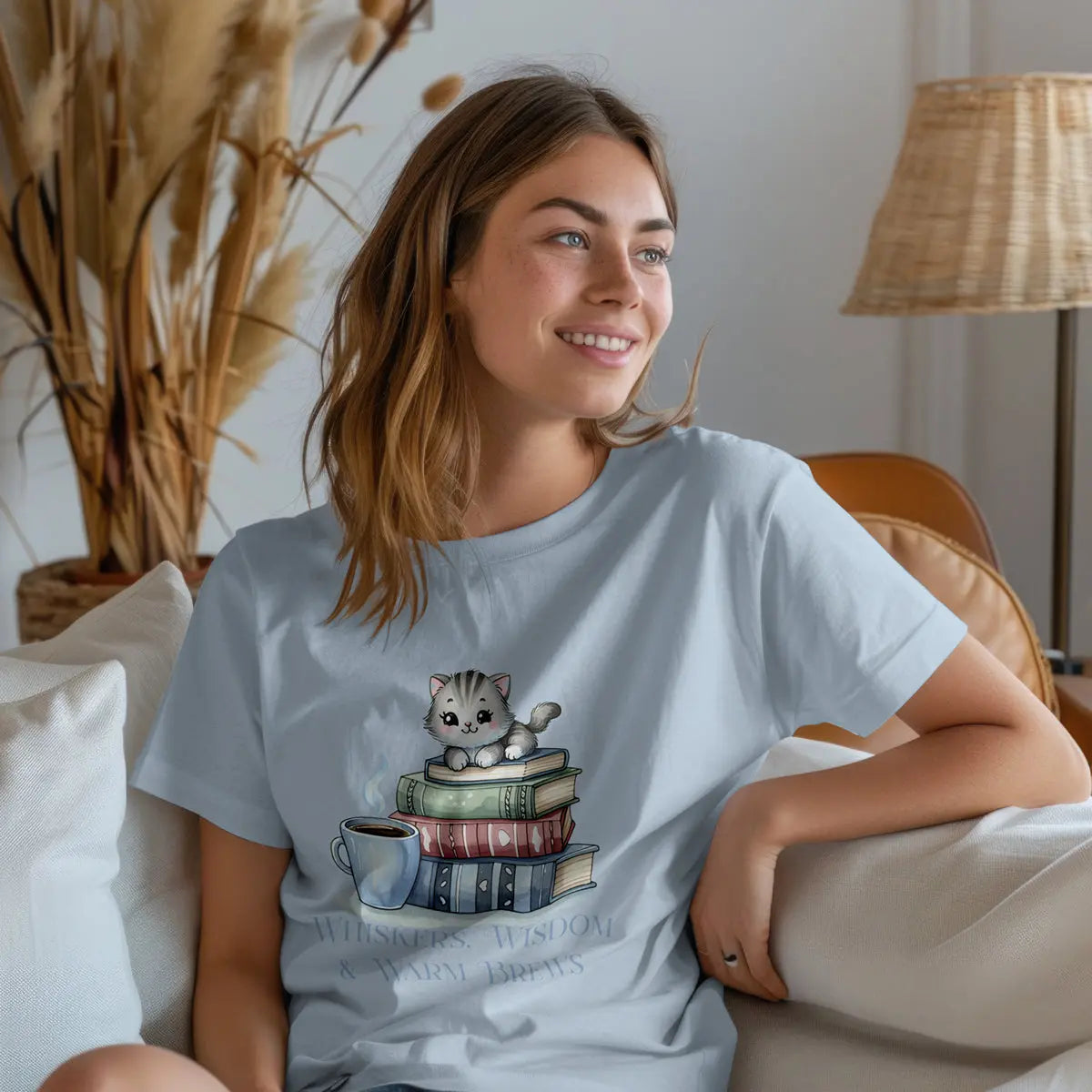 Whiskers Wisdom & Warm Brews Shirt – Cute Cat Coffee Lover Tee, Bookworm Cozy Reading T-Shirt, Cat Mom Gift for Caffeine Lovers Printify