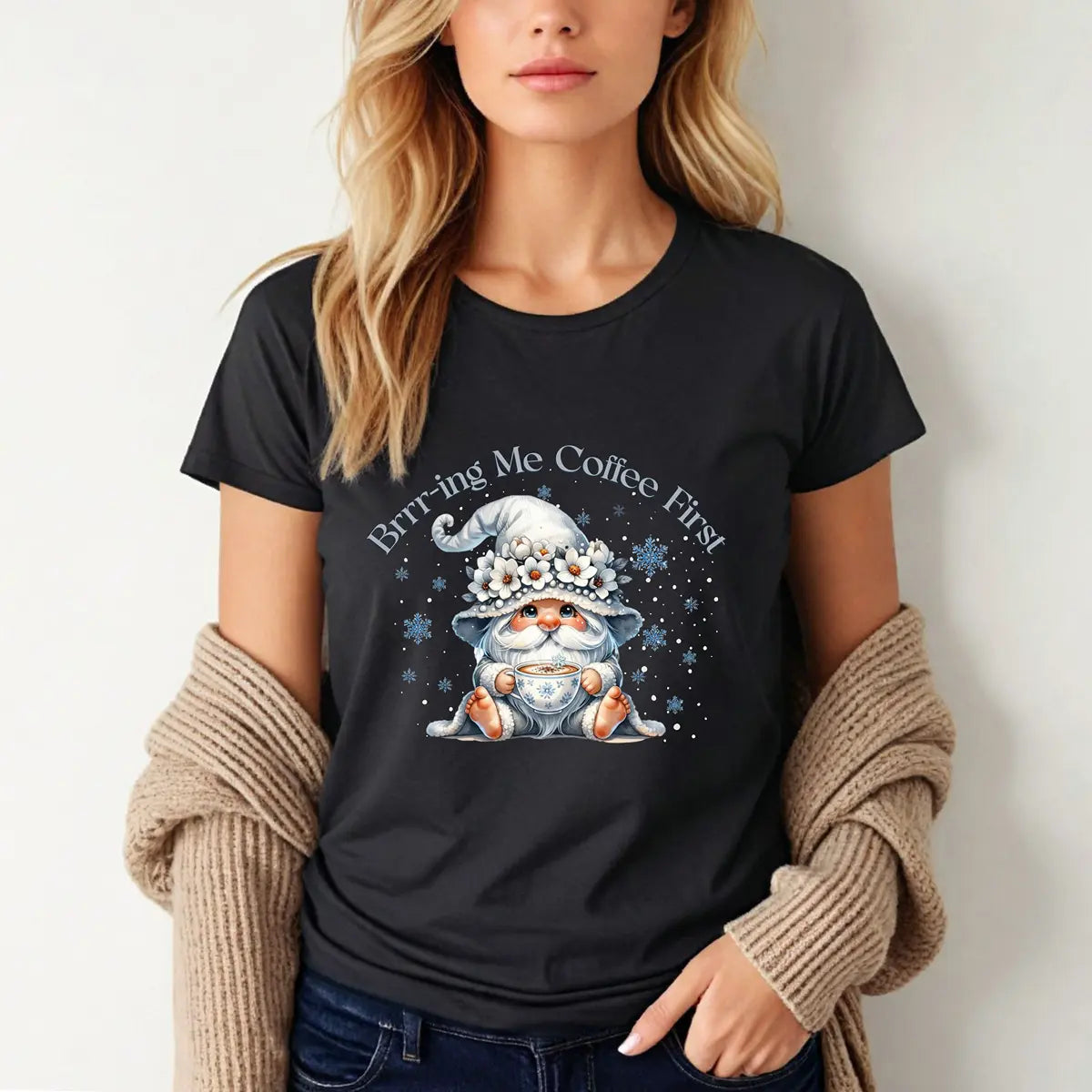 Brr-ing Me Coffee T-Shirt - Cute Gnome Winter Design Printify