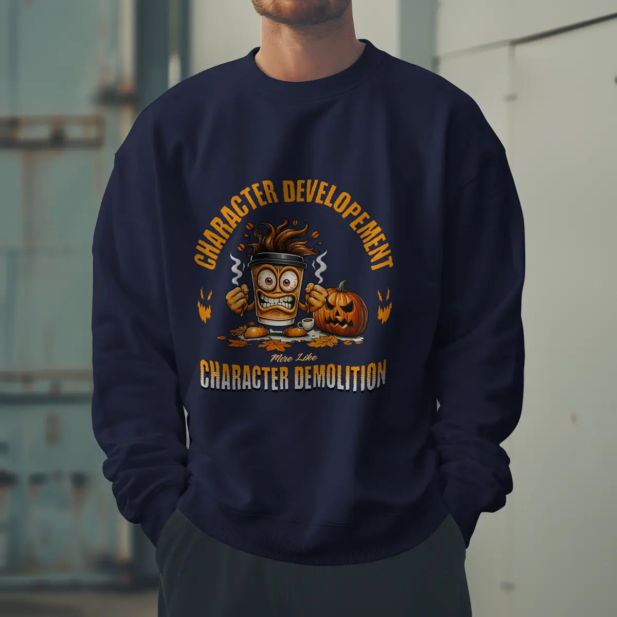 Character Demolition Sweatshirt - Funny Coffee To Go Cup Fall Sweatshirt Printify