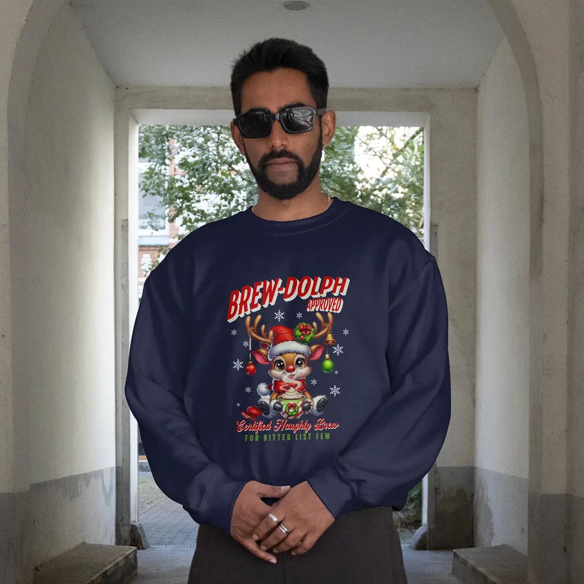 Brew-Dolph Christmas Sweatshirt — Cute Reindeer Holiday Crewneck (Gingerbread & Cocoa) Printify