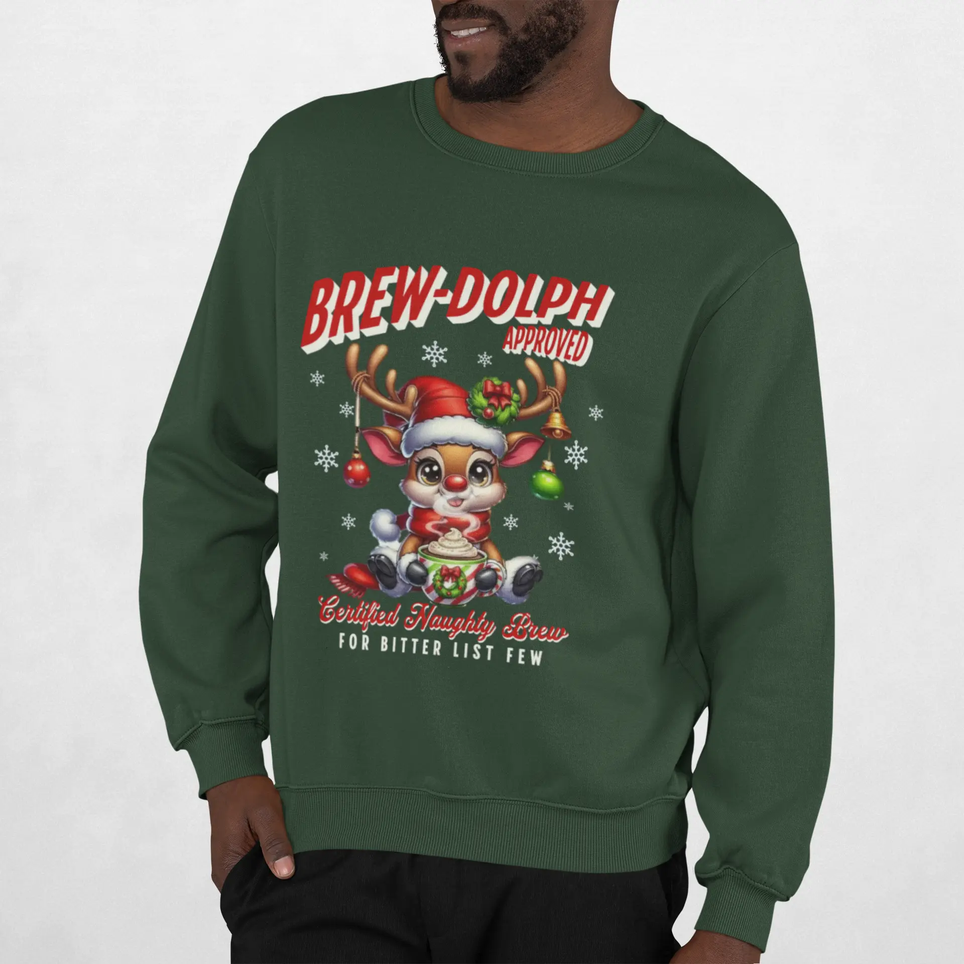 Brew-Dolph Christmas Sweatshirt — Cute Reindeer Holiday Crewneck (Gingerbread & Cocoa) Printify