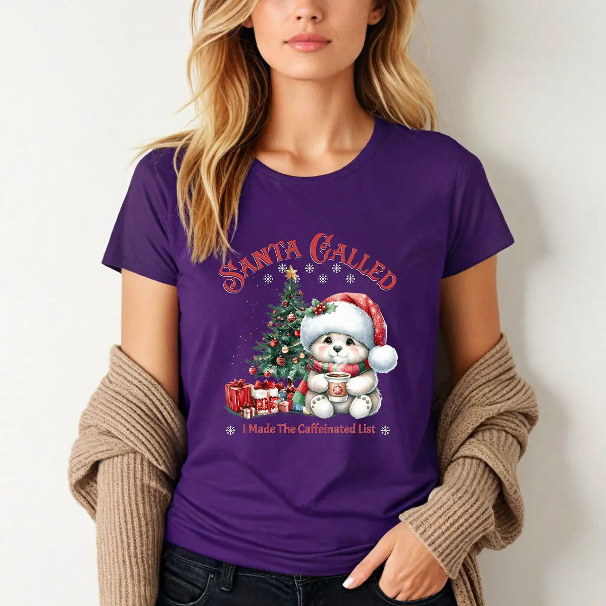 Santa Called Christmas Tee — 'I Made The Caffeinated List' Cute Bear Shirt Printify