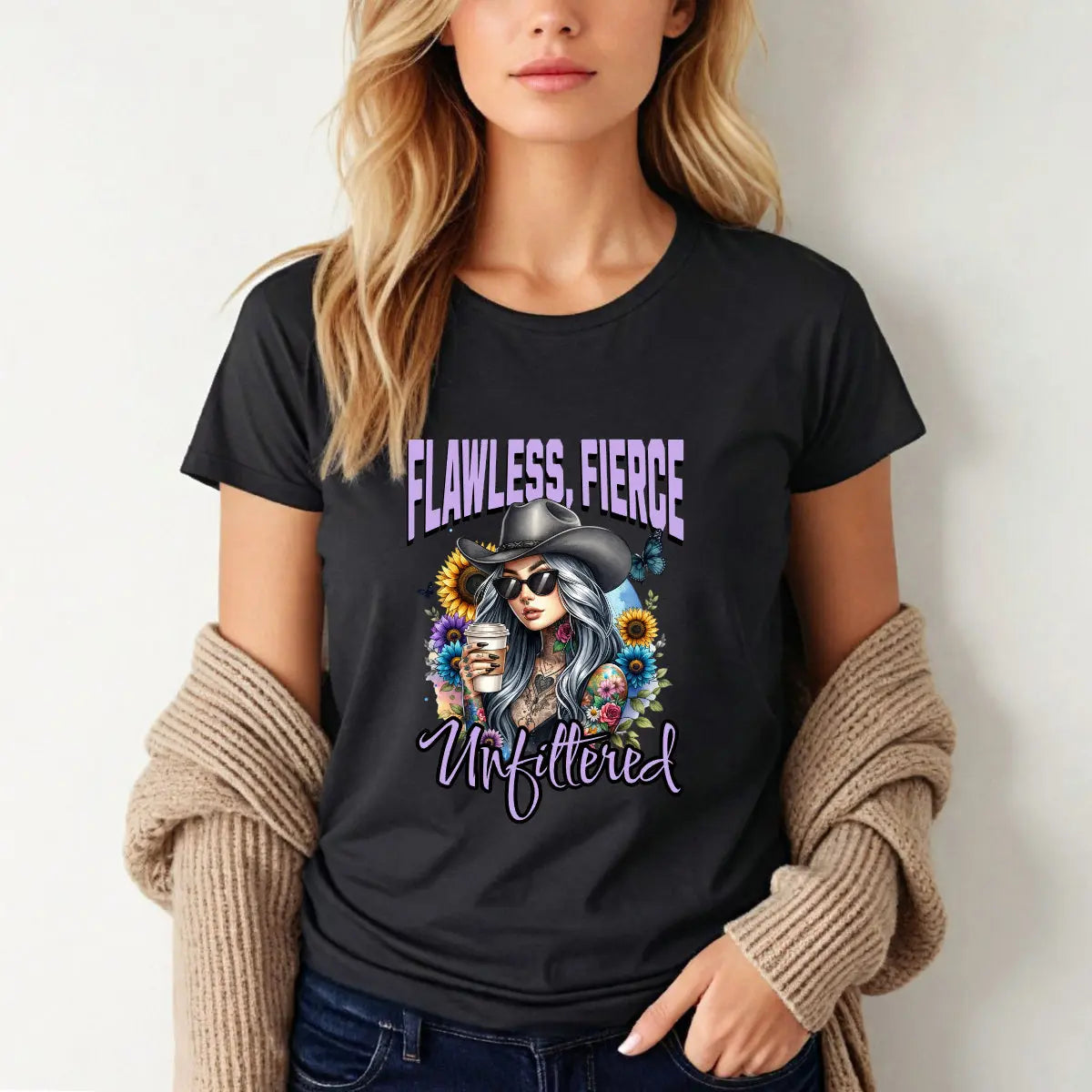 Unfiltered T-shirt - Sassy woman with cowboy hat and coffee surrounded by sunflowers Printify
