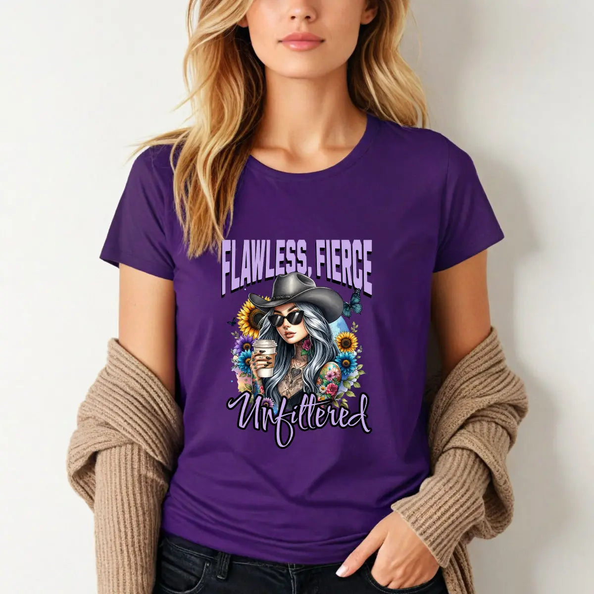 Unfiltered T-shirt - Sassy woman with cowboy hat and coffee surrounded by sunflowers Printify