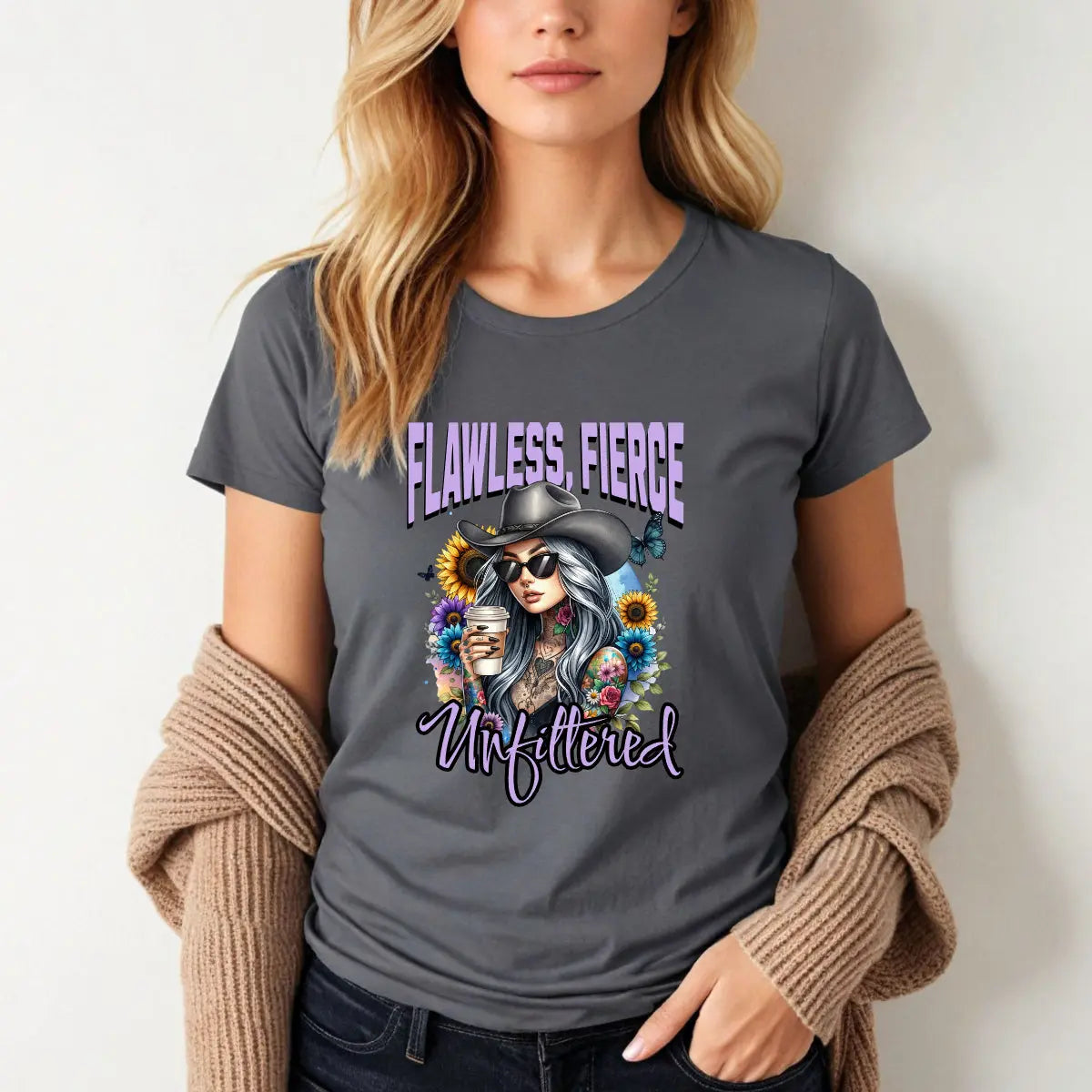 Unfiltered T-shirt - Sassy woman with cowboy hat and coffee surrounded by sunflowers Printify