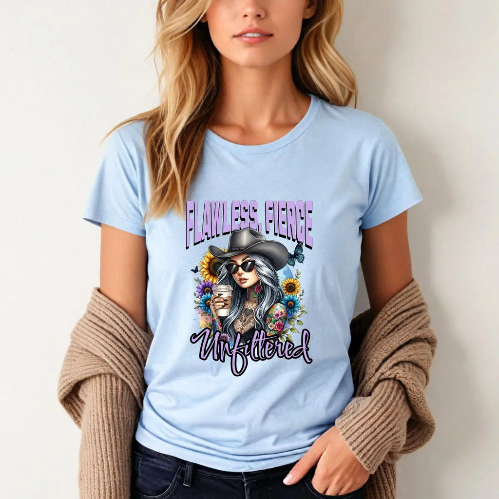 Unfiltered T-shirt - Sassy woman with cowboy hat and coffee surrounded by sunflowers Printify