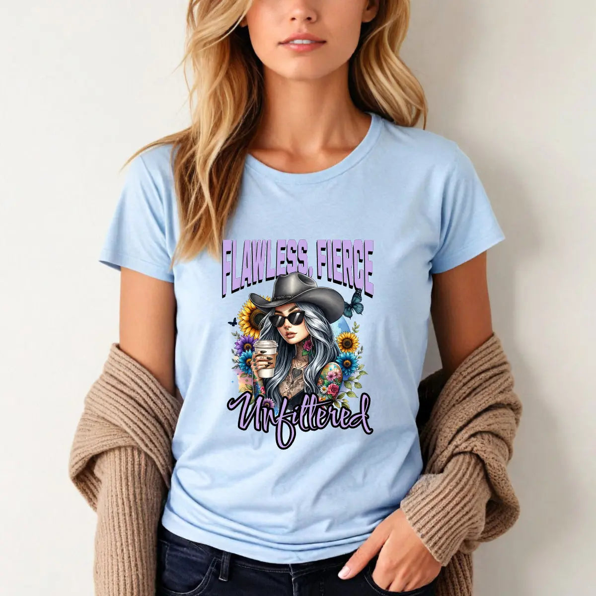 Unfiltered T-shirt - Sassy woman with cowboy hat and coffee surrounded by sunflowers Printify