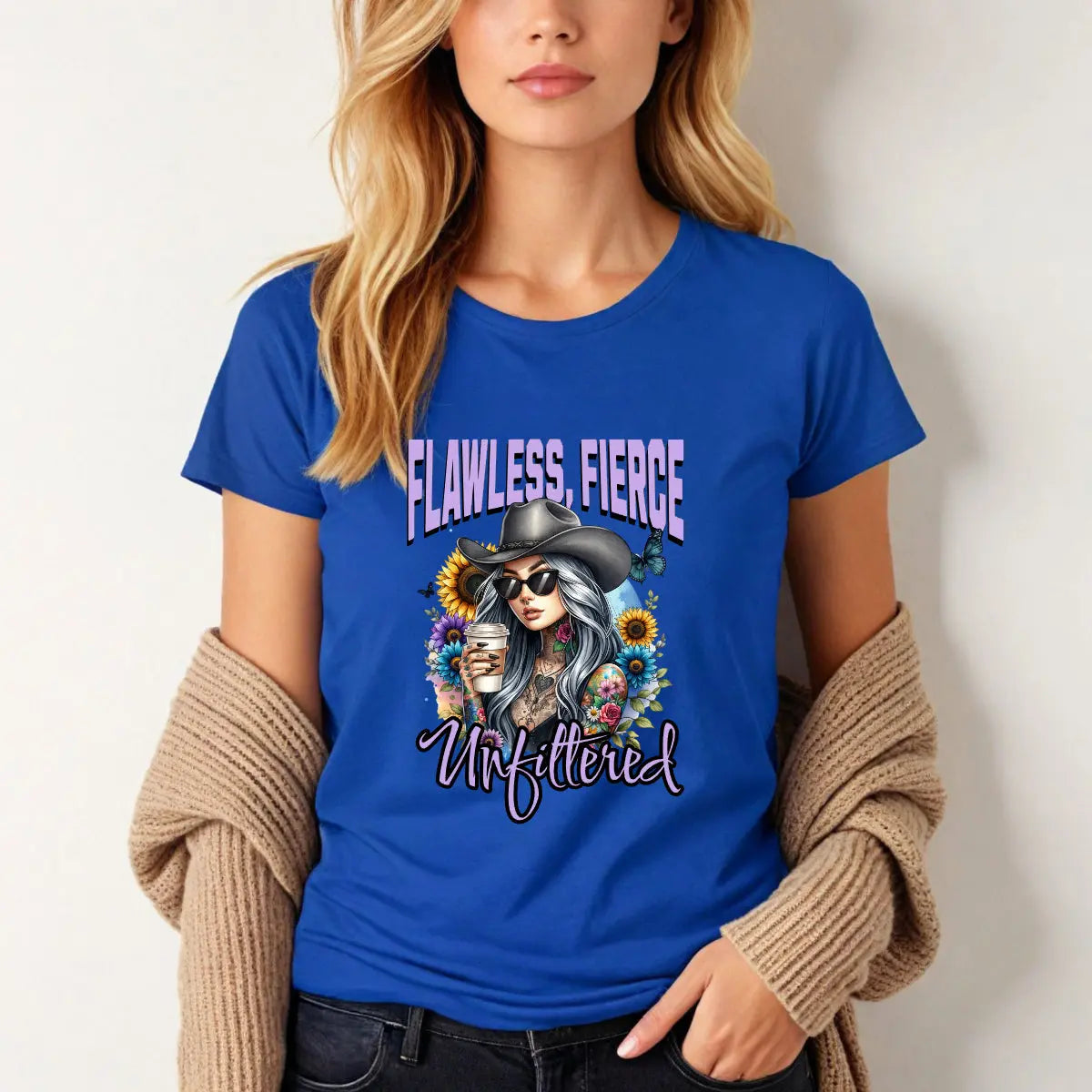 Unfiltered T-shirt - Sassy woman with cowboy hat and coffee surrounded by sunflowers Printify
