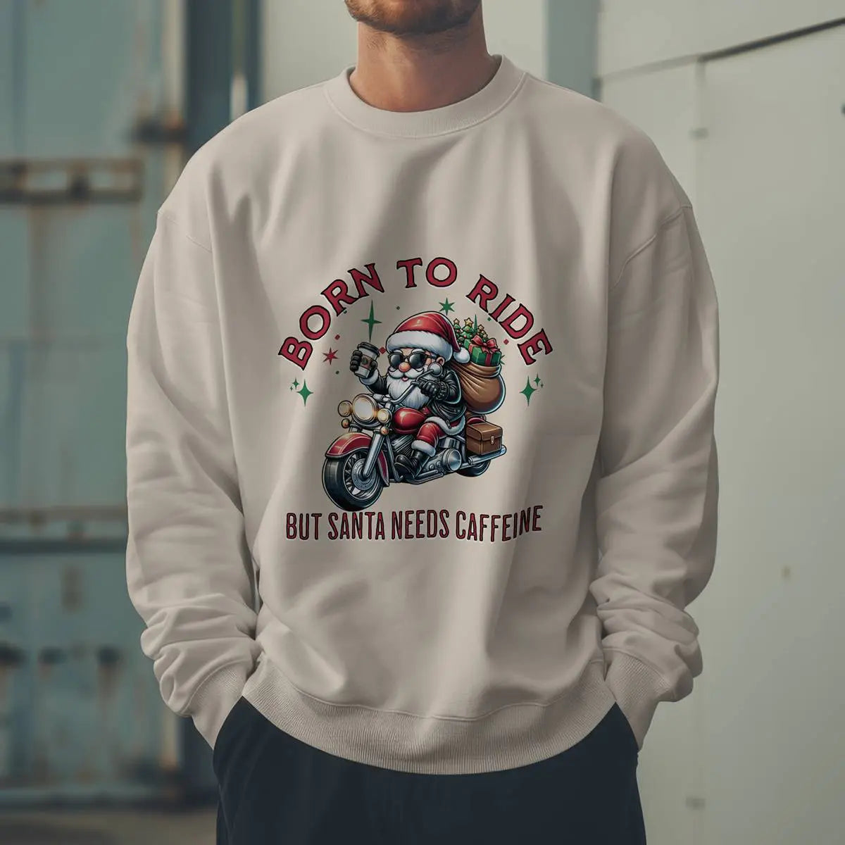 Born to Ride Sweatshirt - Santa on motorcycle holding coffee Christmas Shirt - Boldly Bitter Company