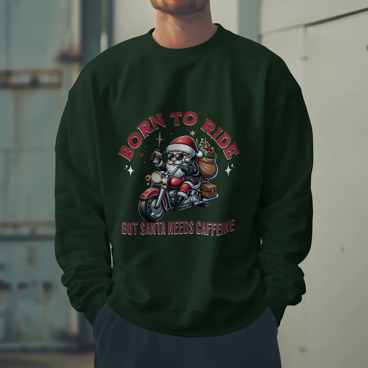 Born to Ride Sweatshirt - Santa on motorcycle holding coffee Christmas Shirt - Boldly Bitter Company