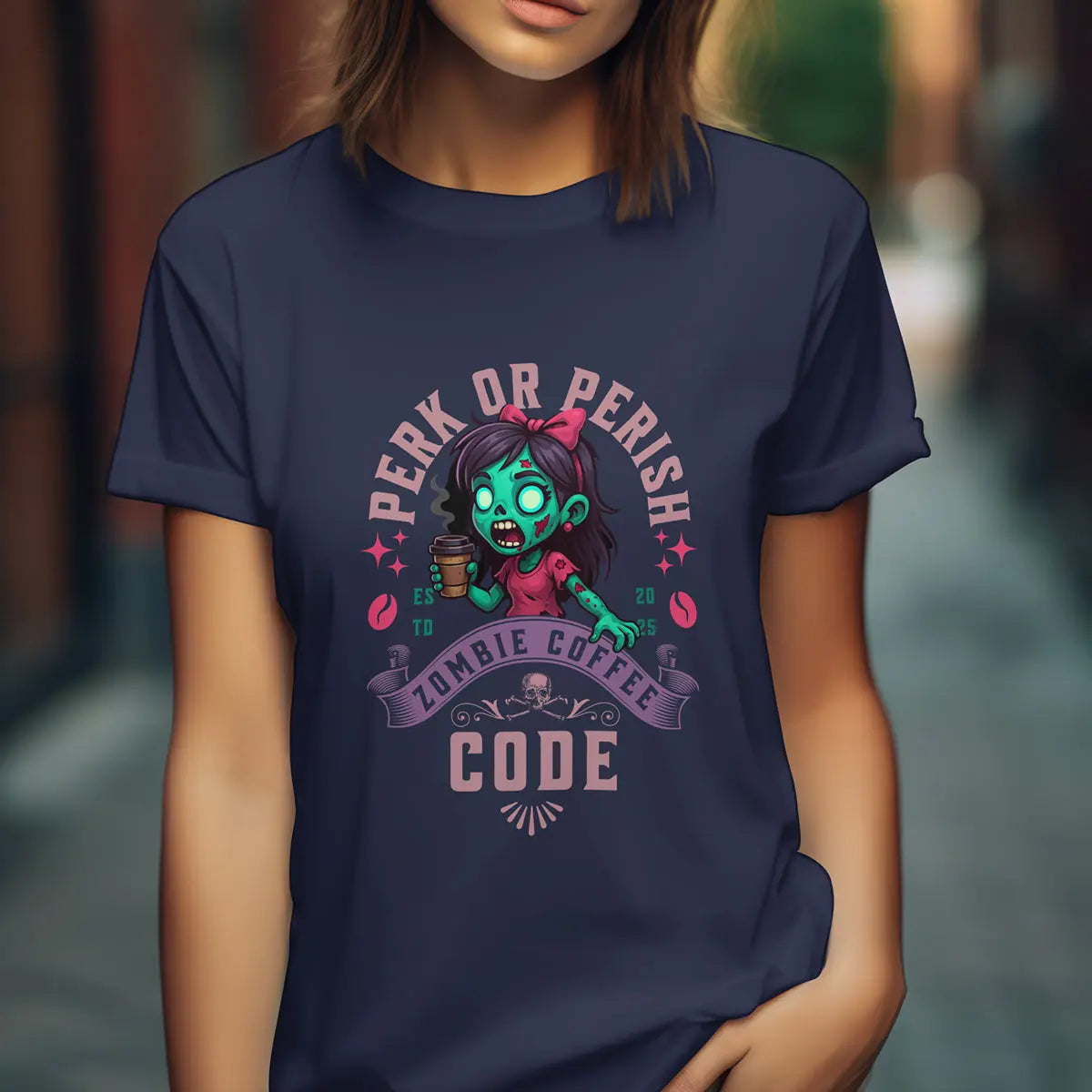 Perk or Perish T-Shirt – Zombie Coffee Code Printify