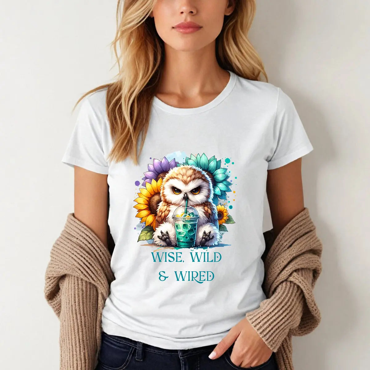 Wise Wild Owl T-Shirt – “Wise, Wild and Wired” Sunflower Owl Tee Printify