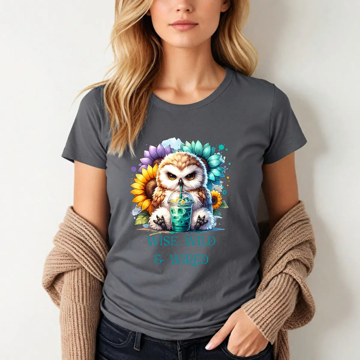 Wise Wild Owl T-Shirt – “Wise, Wild and Wired” Sunflower Owl Tee Printify
