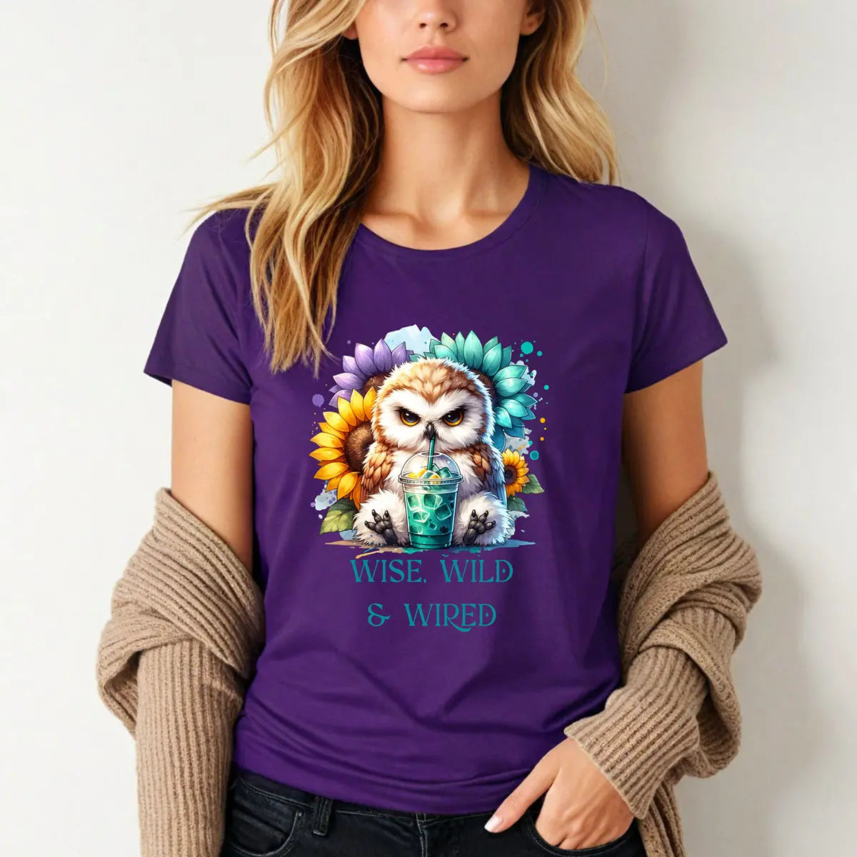 Wise Wild Owl T-Shirt – “Wise, Wild and Wired” Sunflower Owl Tee Printify