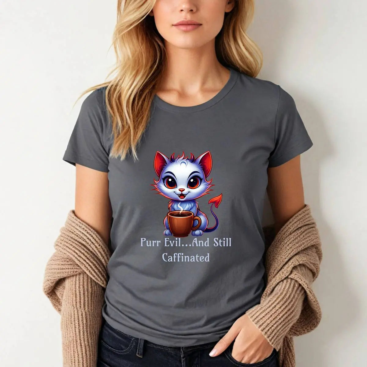 Purr Evil T-Shirt - “Purr Evil and Still Caffeinated” Printify