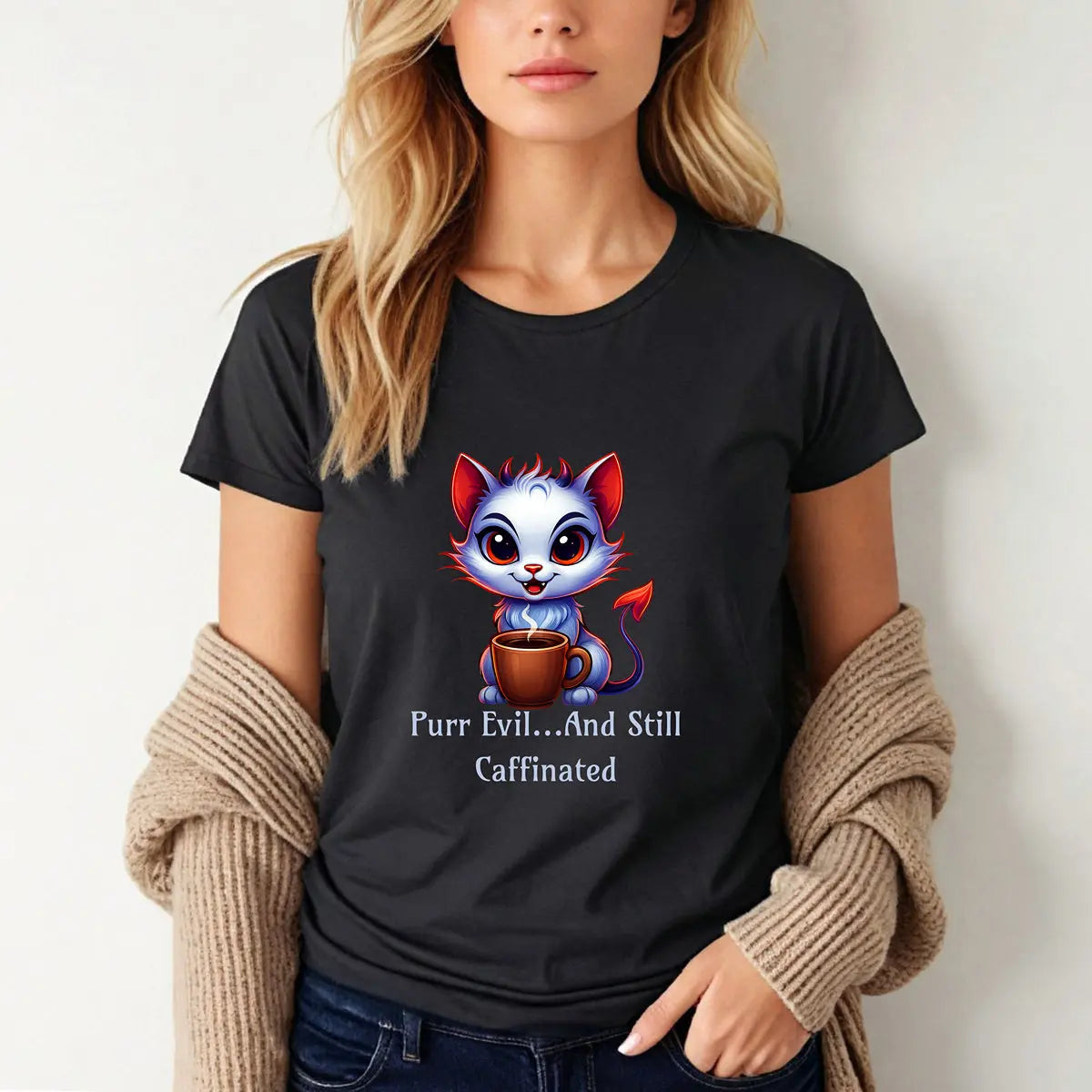 Purr Evil T-Shirt - “Purr Evil and Still Caffeinated” Printify