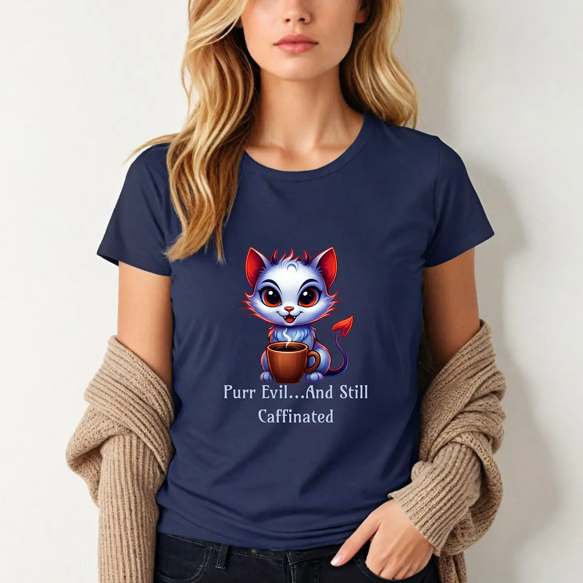 Purr Evil T-Shirt - “Purr Evil and Still Caffeinated” Printify