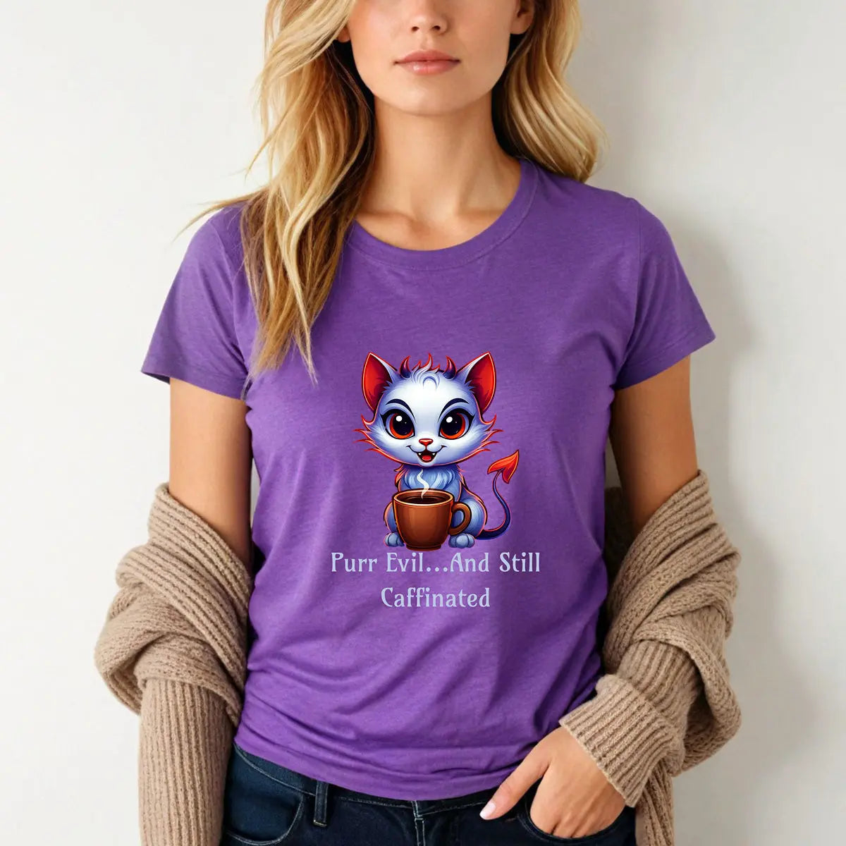 Purr Evil T-Shirt - “Purr Evil and Still Caffeinated” Printify