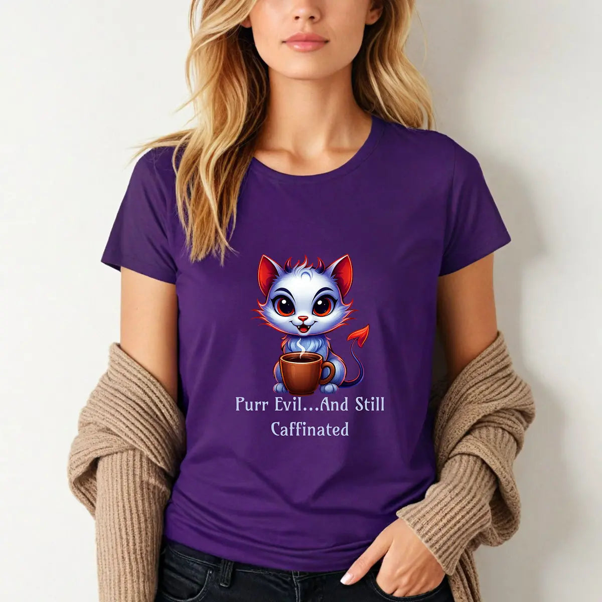 Purr Evil T-Shirt - “Purr Evil and Still Caffeinated” Printify