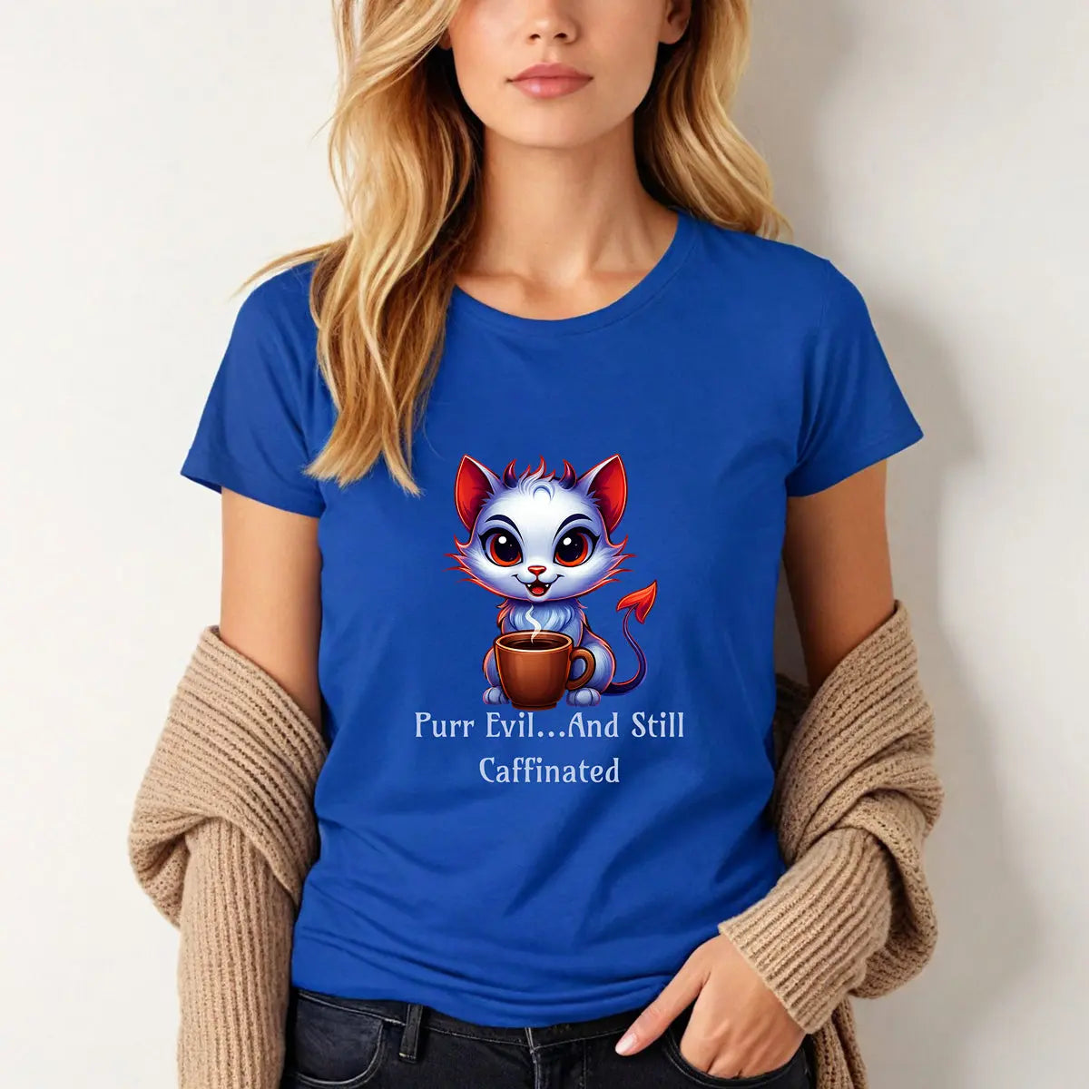 Purr Evil T-Shirt - “Purr Evil and Still Caffeinated” Printify