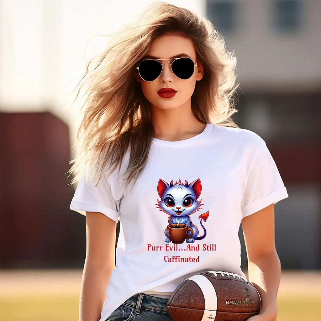 Purr Evil T-Shirt - “Purr Evil and Still Caffeinated” Printify