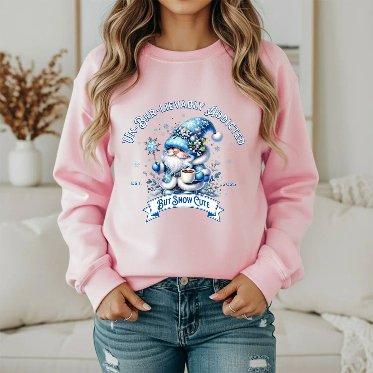Unbrr-lievalby Addicted Sweatshirt - cute gnome with magic wand holding coffee winter shirt Printify