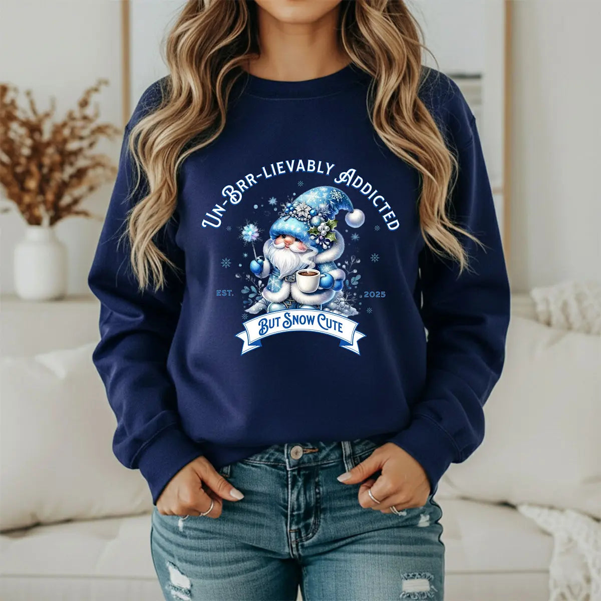 Unbrr-lievalby Addicted Sweatshirt - cute gnome with magic wand holding coffee winter shirt Printify