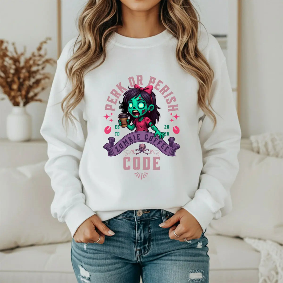 Perk or Perish Zombie Sweatshirt - Cute zombie coffee graphic tee - Boldly Bitter Company