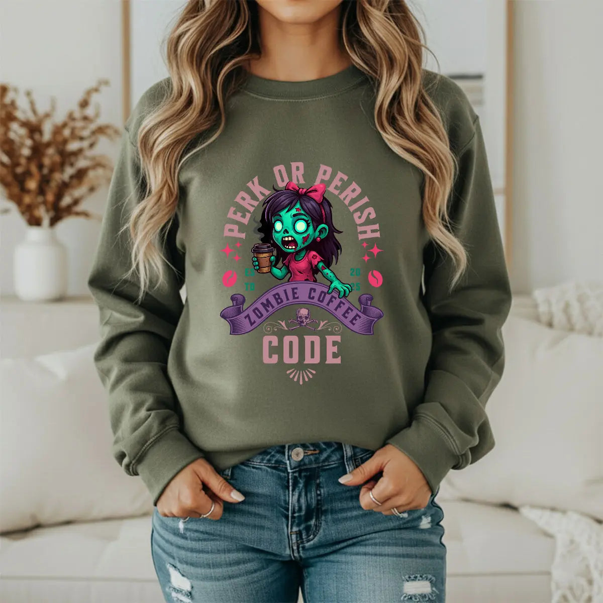 Perk or Perish Zombie Sweatshirt - Cute zombie coffee graphic tee - Boldly Bitter Company