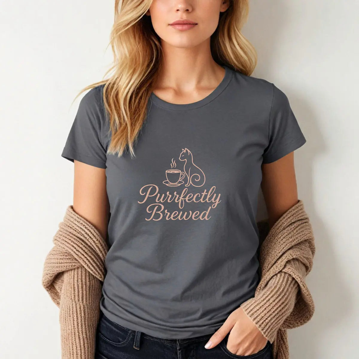 Purrfectly Brewed Tee — Women's Cat Coffee Lovers Shirt Printify