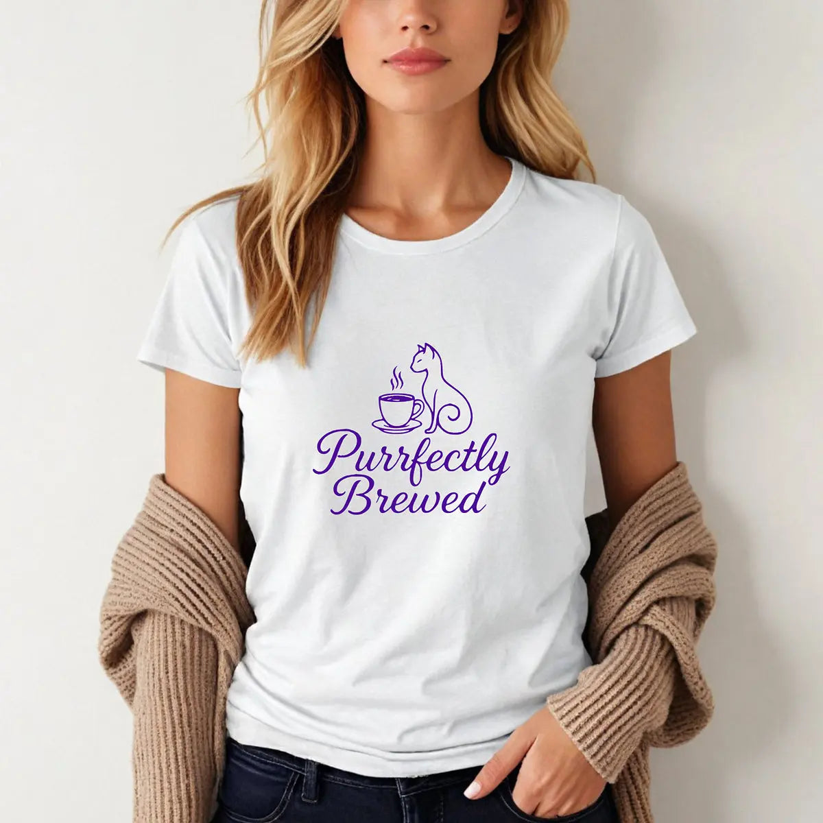 Purrfectly Brewed Tee — Women's Cat Coffee Lovers Shirt Printify